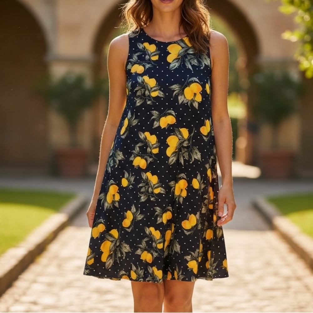 LEMONS PRINT DRESS. SIZE MEDIUM. ALLISON BRITNEY SLEEVELESS SOFT SUMMER DRESS.